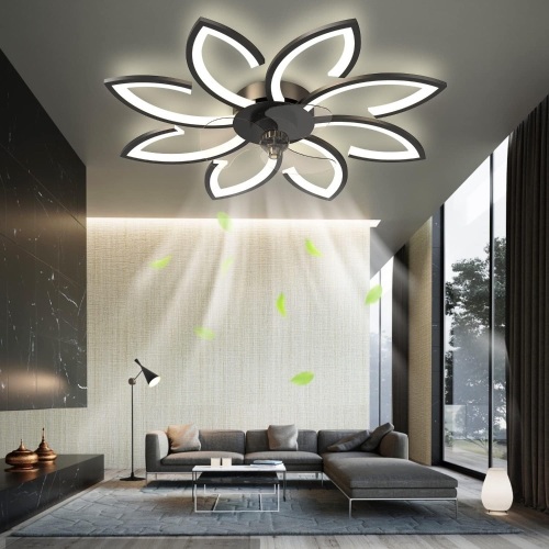 35''Ceiling Fans with Lights and Remote, Modern Bladeless, Home Flush Mount, Dimmable 6 Speed Reversible Blades, Living Room Low Profile Ceiling Fan(Black) - Lot 1010