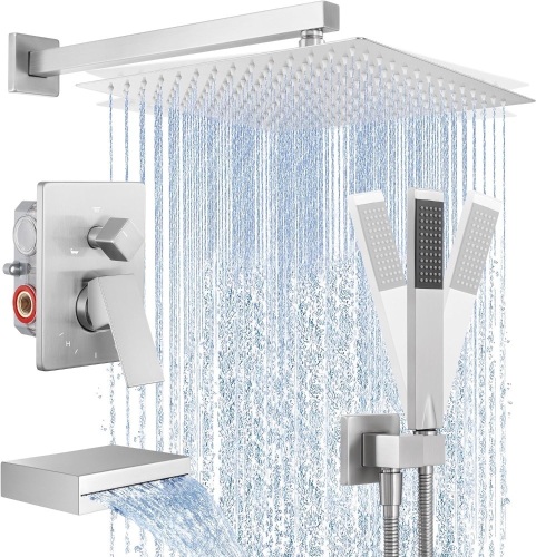 Shower Faucet Set 12 Inch Rain Shower Head 3-Function Shower System with Tub Spout Rainfall Shower Head with Handheld Shower, Pressure Balance Valve Brushed Nickel, XB6305S12-BN - Lot 1013