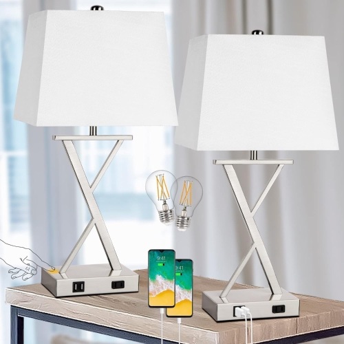 Dott Arts Set of 2 Touch Control Table Lamp, 3-Way Dimmable Table Lamp with USB Ports, Modern Nightstand Bedside Lamp for Bedroom Living Room, Bulbs Included - Lot 1014