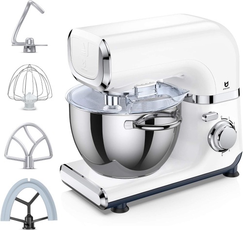Electric Stand Mixer, UTALENT 6 Adjustable Speeds Automatic Tilt-Head Mixer with Flex Edge Beater(Bowl Scraper), Egg Whisk, Dough Hook, Flat Beater, Cakes and Cookies,White - Lot 1016