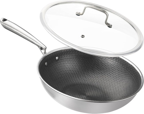 Potinv Hybrid Stainless Steel Wok with Stay Cool Handles 12 Inch,Non-Stick, Dishwasher and Oven Safe, Works with Induction, Ceramic, Electric, and Gas Cooktops - Lot 1018