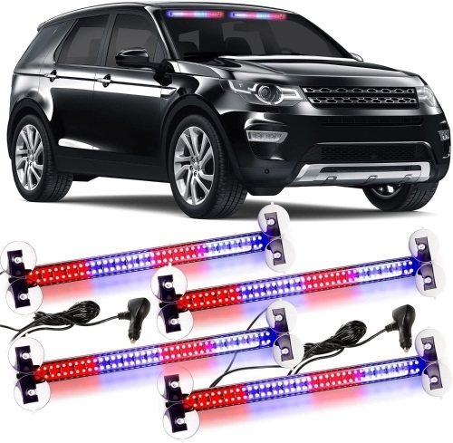 Woanger 4 Pcs 2 in 1 Emergency Strobe Lights Traffic Advisor Light Bar 144 LED Safety Hazard Warning Flashing Lights with Suction Cups Windshield Dash Deck Split for Car, 4 x 15.75 Inch Red Blue - Lot 1022