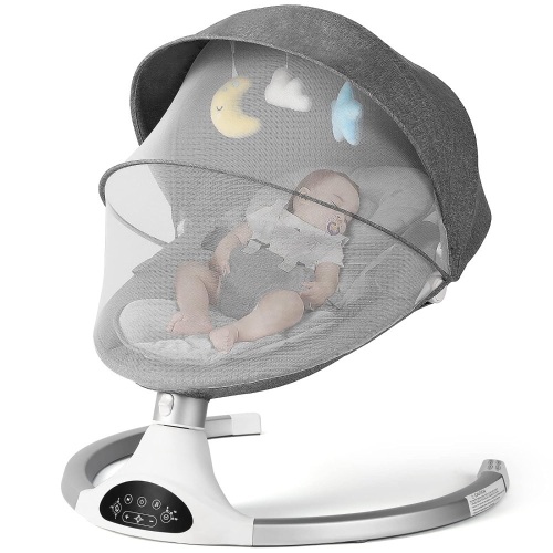 KIDINIX Infant Swing with Bluetooth, 10 Lullabies, 3 Speeds, Harness and Remote Control - Natural Rocking Motion, Hanging Toys Included, Grey - Lot 1061