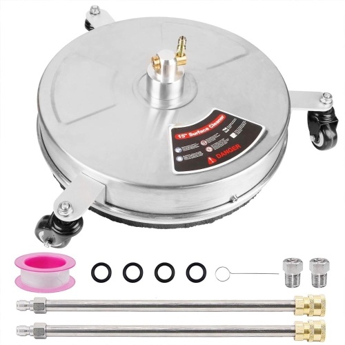 Biswing 15" Pressure Washer Stainless Steel Surface Cleaner with 3 Wheels & 1/4" Quick Connector, Power Washer Attachment with 2 Extension Wand, 2 Replacement Nozzles, 4000 PSI - Lot 1062