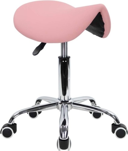 KKTONER Rolling Saddle Stool PU Leather Swivel Adjustable Rolling Stool with Wheels Salon Chair (Pink) - Lot 1063