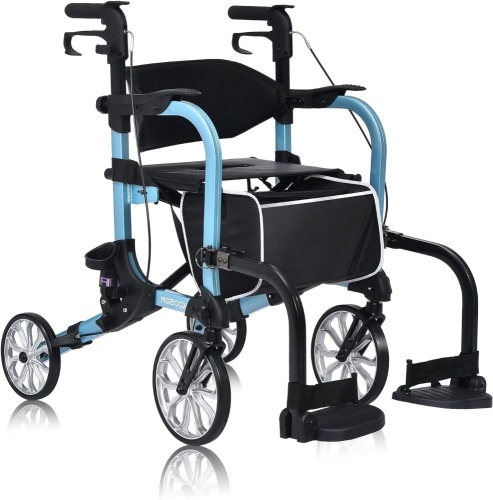 2 in 1 Rollator Walker for Seniors-Folding Transport Wheelchair Rollator with 10" Big Pneumatic Rear Wheels and Detachable Footrests,Medical Walker with Seat - Lot 1076
