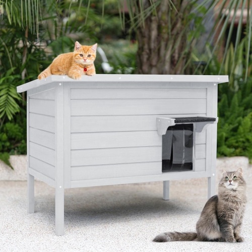 Outdoor Cat House Weatherproof, Feral Cat House Enclosures with Insulated All-Round Foam Wooden Cat Condos Outside 34.2" L*21.6" W*27" H, PVC Door Flaps(White) - Lot 1080