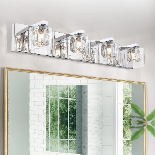 4-Light Bathroom Vanity Light Fixtures, 29 inch LED Bathroom Chrome Vanity Lights, Modern Crystal Bathroom Light Fixtures Wall Lamps for Bathroom Living Room (Chrome, 4 Light) - Lot 1091