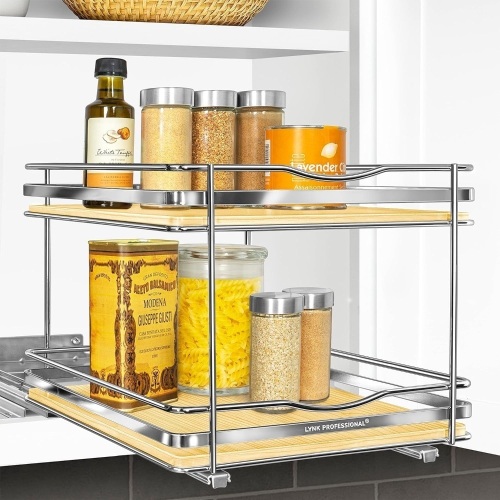 LYNK PROFESSIONAL® Élite™ Pull Out Spice Rack Organizer for Cabinet - 10-1/4 inch Wide - Slide Out Rack - Wood and Chrome Sliding Spice Organizer Shelf - 2 Tier - Lot 1131