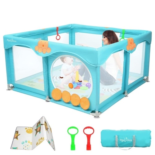 Baby Playpen with Mat, Cute Baby Play Yards, Baby Playpen for Babies and Toddlers, No Gap Toddler Playpen with Soft-Touch Material, Baby Play Area, 50”×50”, (Blue) - Lot 1132
