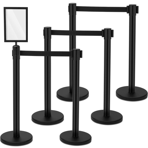 6 Pack Heavy Duty Crowd Control Stanchions Stainless Steel Stanchion Set with 6 Safety Barrier Post with Retractable Belt and 1 Sign Holder Crowd Control Barrier (Black,9.8 ft) - Lot 1135