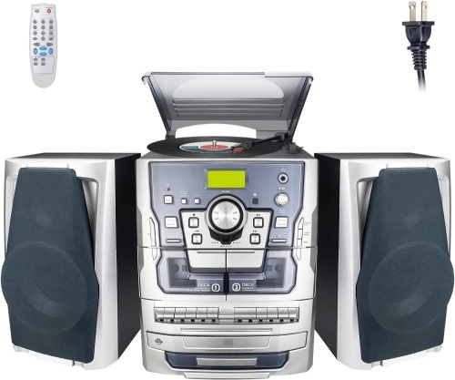 HONGUT All-in-One Vinyl Record Player, 3 Speed Stereo Turntable CD Player Music System with Dual Cassette Deck, Digital Alarm Clock FM Radio Encoding CD Cassette with Remote Control - Lot 1138