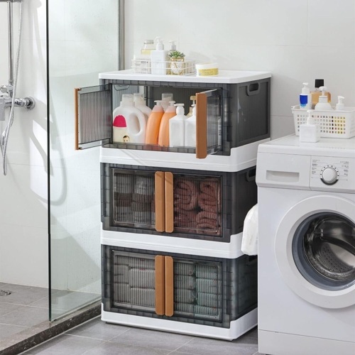 Stackable Toy Storage, PP Folding Storage Cabinet Installation Bottom Roller Foldable for Living Room 3 Pack - Lot 1141