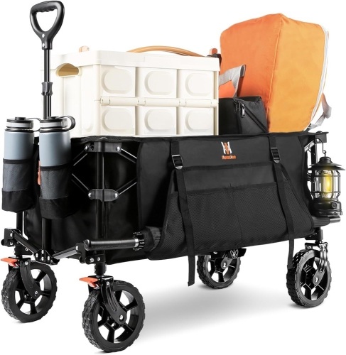 Navatiee Collapsible Folding Wagon, Heavy Duty Utility Beach Wagon Cart with Side Pocket and Brakes, Large Capacity Foldable Grocery Wagon for Garden Sports Outdoor Use, S1 - Lot 1152