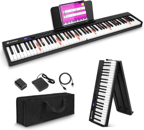 Folding Piano, Portable 88 Key Full Size Foldable Keyboard Piano Semi-Weighted Bluetooth with Light up Keys, Sustain Pedal and Handbag, Black, by Vangoa - Lot 1156