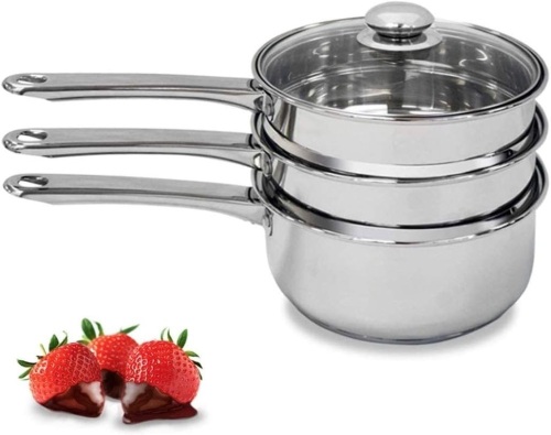 Double Boiler & Steam Pots for Chocolate and Fondue Melting Pot, Candle Making, Stainless Steel Steamer with Tempered Glass Lid for Clear View while Cooking, Dishwasher (3 Qts & 4 Pieces) - Lot 1108