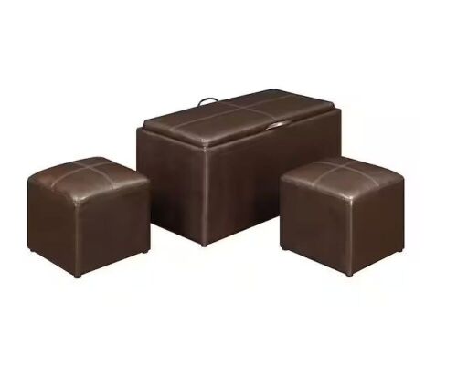 Designs4Comfort Sheridan Espresso Faux Leather Storage Bench with Reversible Tray and 2 Side Ottomans  - Lot 109