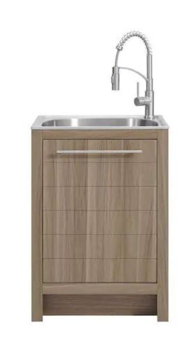 Glacier Bay All-In-One Stainless Steel 24 in Laundry Sink with Faucet and Storage Cabinet in Sandy Ash - Lot 45