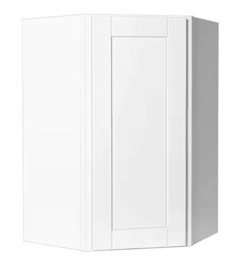 Hampton Bay Shaker 24 in. W x 12 in. D x 36 in. H Assembled Diagonal Corner Wall Kitchen Cabinet in Satin White - Lot 446