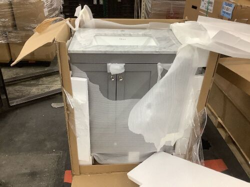 Happy 30 in. W x 18 in. D x 34 in. H Bathroom Vanity in Gray with White Carrara Marble Top with White Sink - Cracked Top  - Lot 125