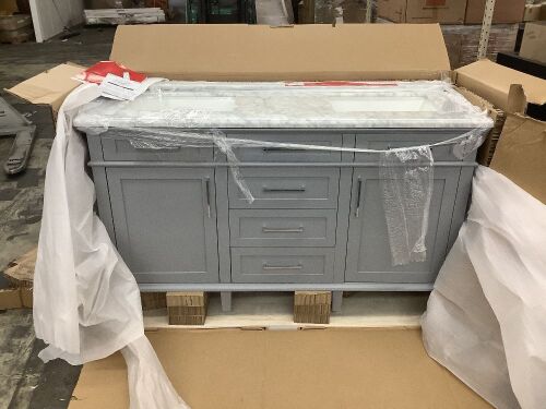 Sonoma 60 in. Double Sink Freestanding Pebble Gray Bath Vanity with Carrara Marble Top - Cracked Top  - Lot 135