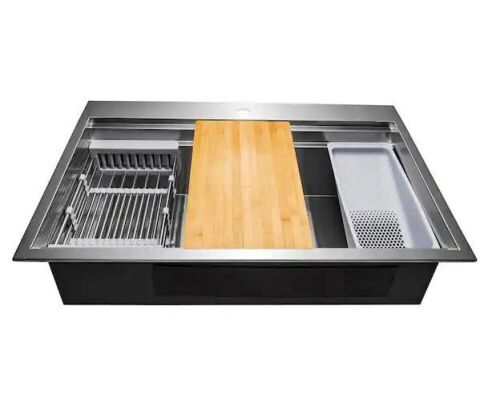 AKDY Handcrafted All-in-One Drop-In 33 in. x 22 in. x 9 in. Single Bowl Kitchen Sink in Stainless Steel  - Lot 61