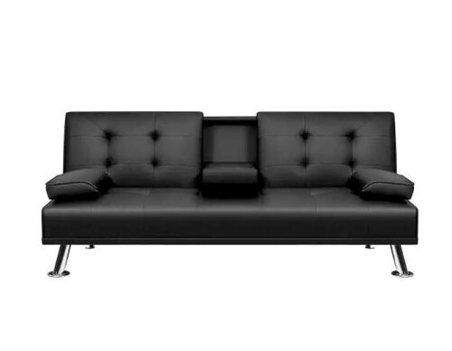 Black 66 in. Faux Leather Upholstered Convertible Folding Futon Sofa Bed 2 Cupholders - Lot 76