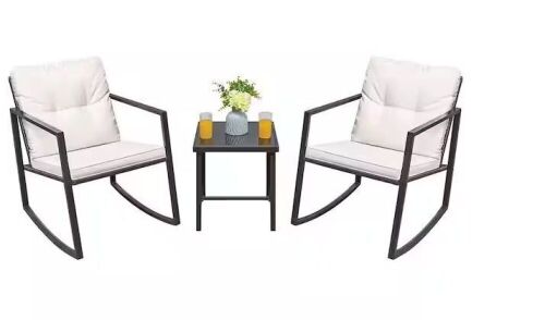 3-Pieces Metal Wicker Outdoor Rocking Chair Bistro Conversation Set with White Cushions - Lot 455