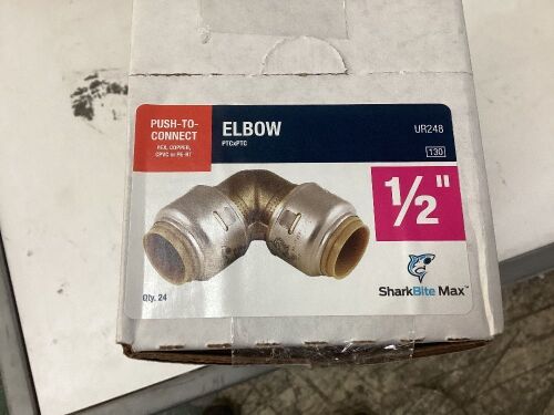 Lot of (24) SharkBite Max 1/2 Inch 90 Degree Elbow, Push to Connect Brass Plumbing Fitting - Lot 64