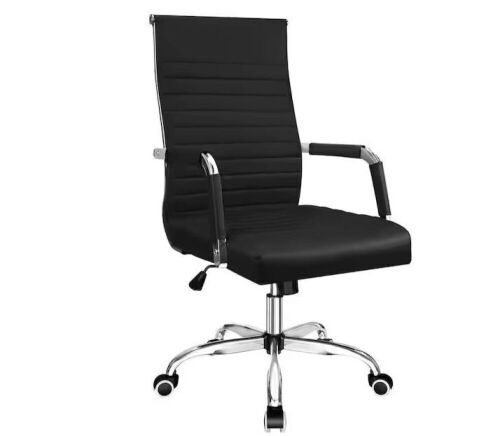 Black Ribbed Office Mid-Back PU Leather Executive Task Chair with Arms  - Lot 729