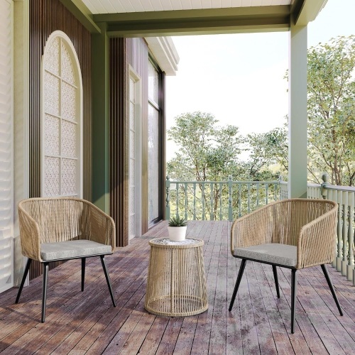 EAST OAK Breezeway Patio Furniture Set, 3-Piece Outside Bistro Set Handwoven Rattan Wicker Chairs with Waterproof Cushions, Tempered Glass Table, Outdoor Conversation Set for Porch, Brown & Light Grey 24 x 25 x 32 inches - Lot 155