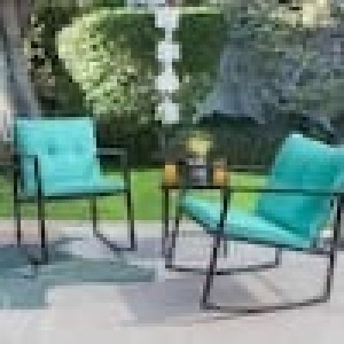 Black 3-Pieces Metal Wicker Outdoor Rocking Chair Bistro Conversation Set with Blue Cushions Depth  28.7 in Height  35 in Width . 23.5 in - Lot 308A