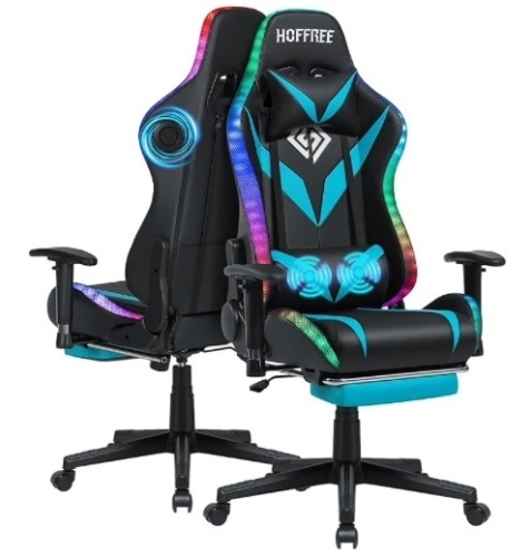 Hoffree Reclining Ergonomic Leather PC & Racing Game Chair Speakers and LED Lights Hoffree - Lot 224