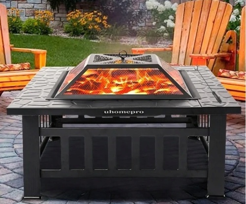 32" Wood Burning Fire Pit Table with Screen Lid, Black - Lot 226