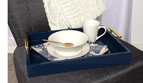 Kate and Laurel Lipton Decorative Tray with Polished Metal Handles, Navy Blue and Gold - Lot 177
