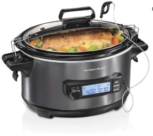 Hamilton Beach Portable 6 Quart Set & Forget Digital Programmable Slow Cooker with Lid Lock, Temperature Probe, Dishwasher Safe Crock & Lid, stainless steel - Lot 194
