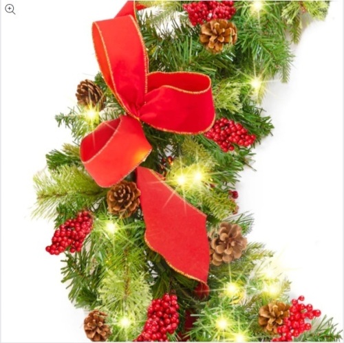 Pre-Lit Garland, Battery Powered w/ 100 Lights, 180 Tips, Pine Cones - 9ft - Lot 652