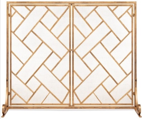 2-Panel Wrought Iron Geometric Fireplace Screen w/ Magnetic Doors - 44x33in - Lot 659