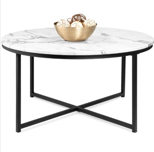 Round Coffee Table w/ Faux Marble Top, Metal Frame - 36in - Lot 660