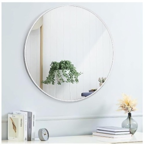 20" Round Mirror Circle Wall Mounted Hanging or Against Wall Metal Frame Dressing Make-up Mirrors for Entryway Bedroom Bathroom Living Room 20 inch Silver - Lot 283