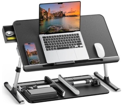 SAIJI Laptop Bed Tray Table, Adjustable PVC Leather Laptop Bed Table, Portable Standing Desk with Storage Drawer, Foldable Lap Tablet Table for Sofa Couch Floor (Dark Black) - Lot 287