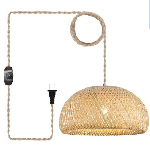 Bamboo Large Plug in Pendant Light with 14ft Handmade Woven Light Cord, Dimmable Switch, Rustic Basket Hanging Lamp for Bedroom Kitchen Island Farmhouse Dining Room Living Room,17.8 inch Width  - Lot 289