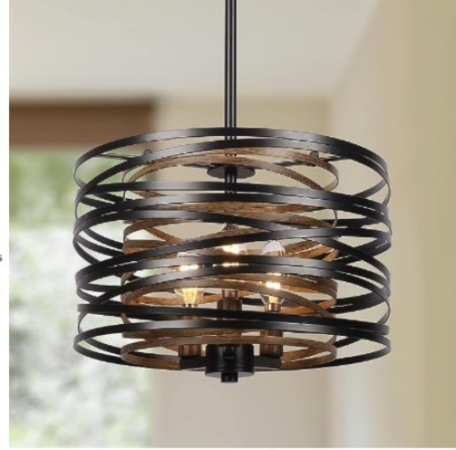 12.6'' Farmhouse Chandeliers for Dining Room, 3-Light Industrial Metal Hanging Light Fixture, Rustic Drum Pendant Light for Entryway Kitchen Foyer Bedroom, Black with Retro Wood Texture Interior - Lot 300
