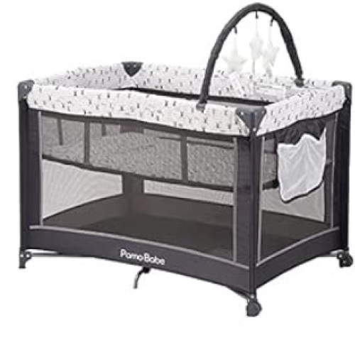 Pamo Babe Portable Playard,Sturdy Play Yard with Mattress and Toy bar with Soft Toys (Grey) - Lot 304