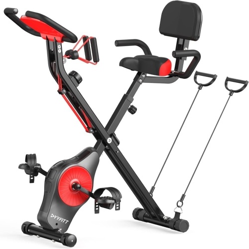 YYFITT 3-In-1 Folding Exercise Bike, Stationary Bikes for Home with Arm Workout Bands, Indoor Fitness Bike with 16 Levels Magnetic Resistance, Fully Support Back Pad and Phone/Tablet Holder, 2-in-1 Bike Frame - Lot 651