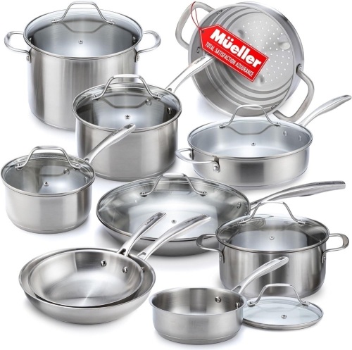 Mueller Pots and Pans Set 17-Piece, Ultra-Clad Pro Stainless Steel Cookware Set, Ergonomic EverCool Handle, Includes Saucepans, Skillets, Dutch Oven, Stockpot, Steamer More - Lot 1201
