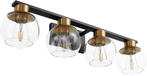 PAZALA 4 Light Black and Gold Bathroom Vanity Light Fixture Over Mirror Modern 30 in Globe Glass 1698-4-HJ - Lot 1203