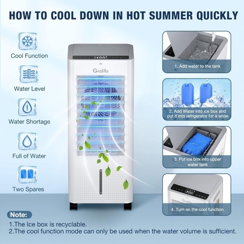 Grelife Portable Evaporative Air Cooler, 3-IN-1 Air Cooler with Fan & Humidifier, 1.58Gal Water Tank for Bedroom Room Office Garage - Lot 1214