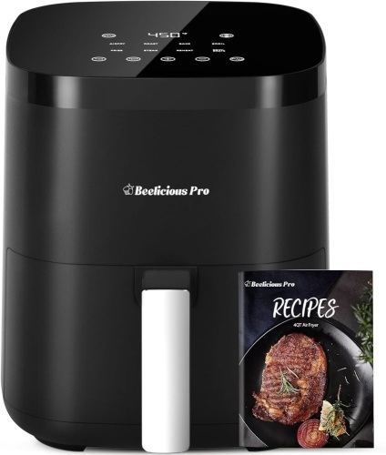 Air Fryer,Beelicious® 8-in-1 Smart Compact 4QT Air Fryers,Shake Reminder,450°F Digital Airfryer with Flavor-Lock Tech,Tempered Glass Display,Dishwasher-Safe & Nonstick,Fit for 1-3 People,Black - Lot 1218