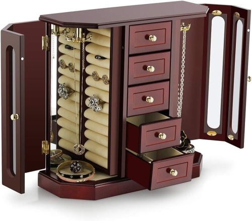 RR ROUND RICH DESIGN Jewelry Box - Made of Solid Wood with Cabinet Type 5 Drawers Organizer and 2 Separated Open Doors on 2 Sides and Large Mirror Brown - Lot 1237